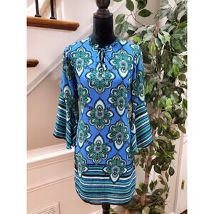 Kaari Women Blue Polyester Round Neck Long Sleeve Knee Length Dress Size Medium